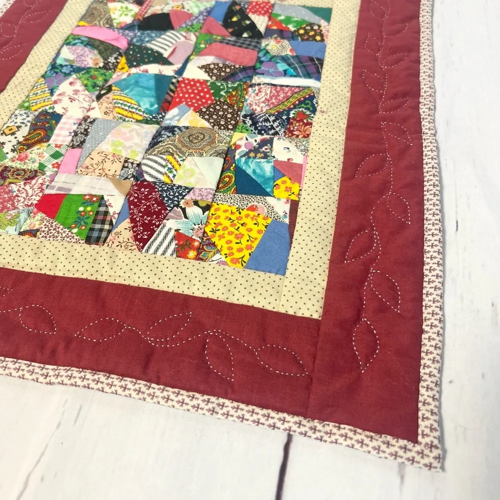 Vintage Handmade Mini Crazy Quilt Wall Hanging Patchwork Table Topper 15.5x14